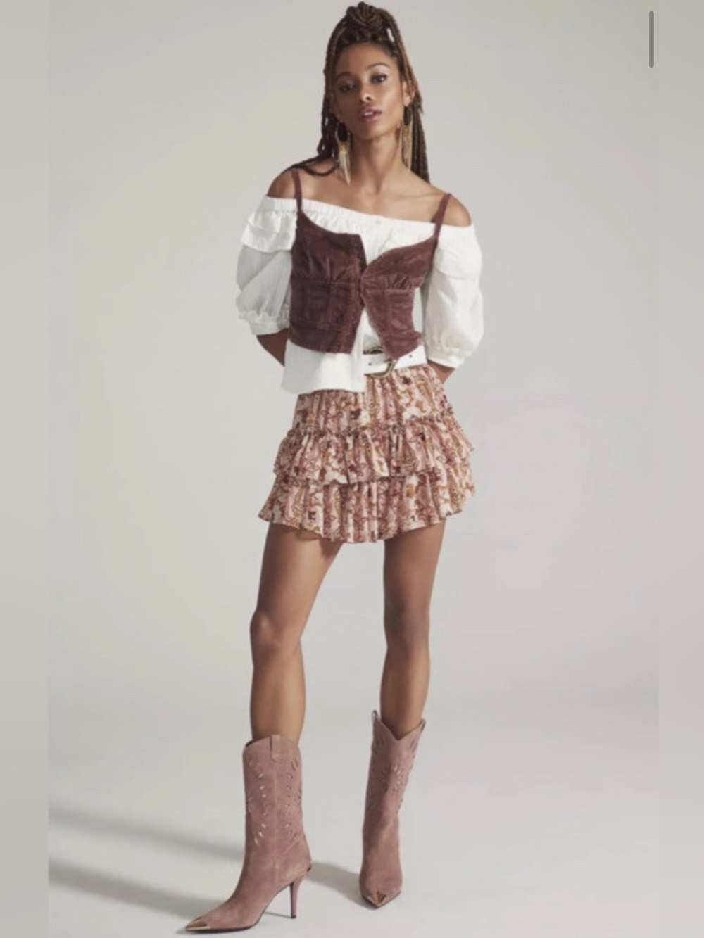 Misa Los Angeles Pink Floral Floral Tiered Ruffle Mini Skirt